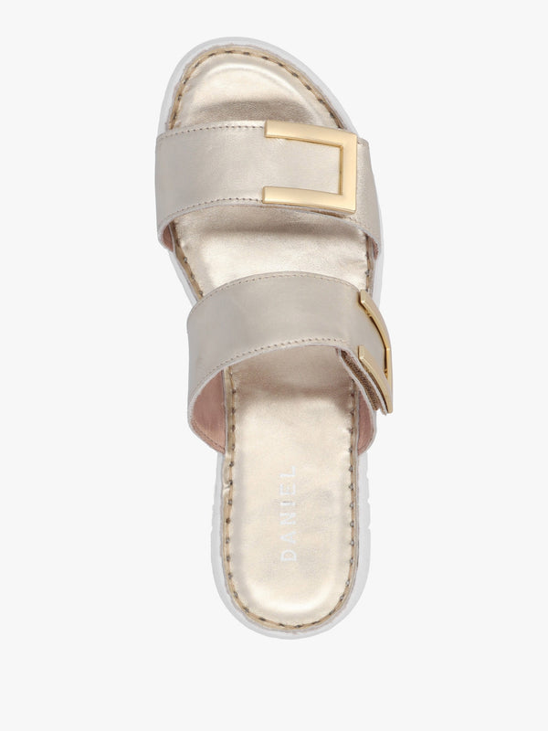 Lorli Gold Leather Two Strap Low Wedge Sandals