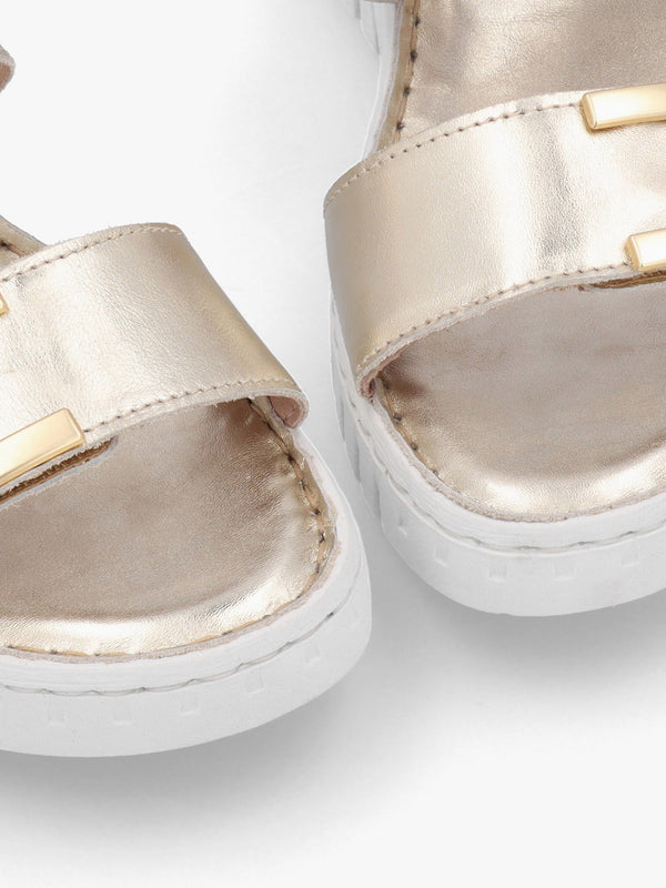Lorli Gold Leather Two Strap Low Wedge Sandals