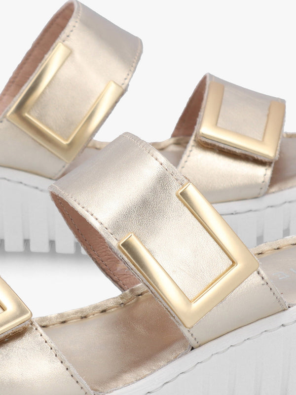 Lorli Gold Leather Two Strap Low Wedge Sandals