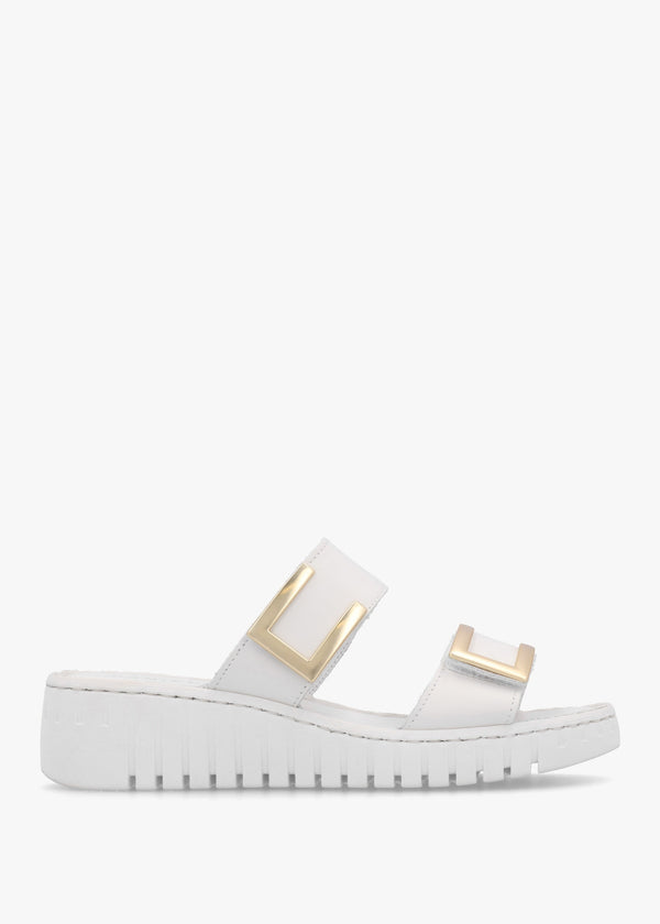 Lorli White Leather Two Strap Low Wedge Sandals