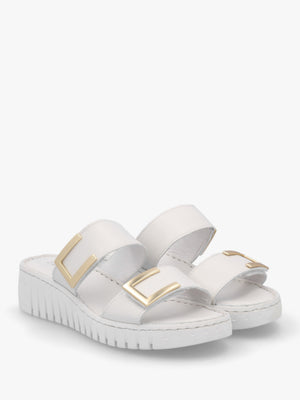 Lorli White Leather Two Strap Low Wedge Sandals