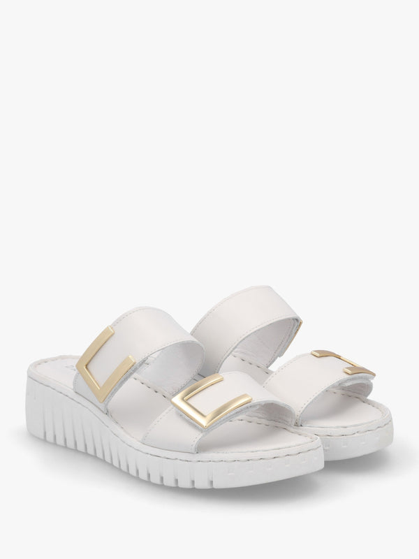 Lorli White Leather Two Strap Low Wedge Sandals