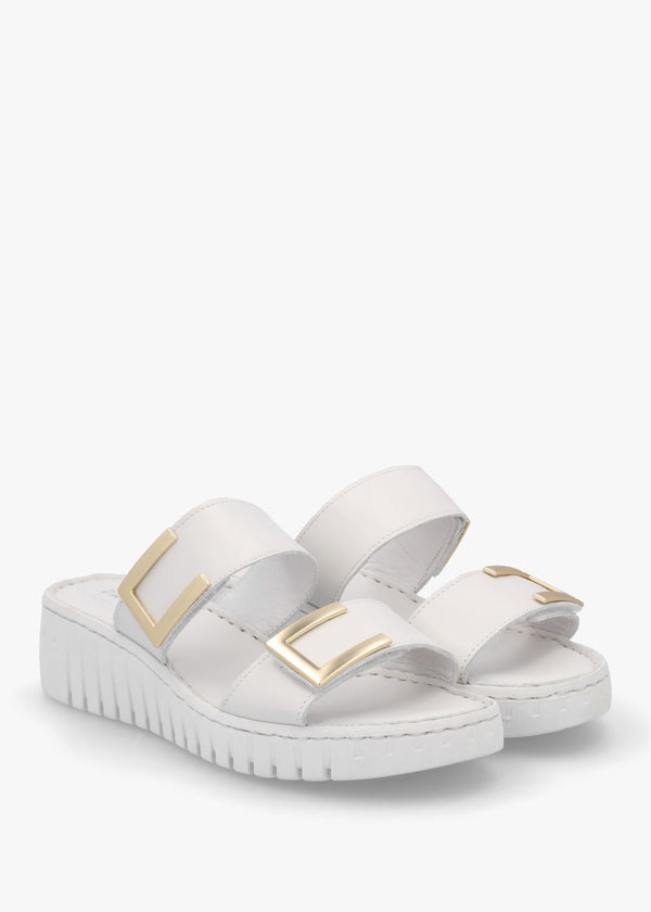 Lorli White Leather Two Strap Low Wedge Sandals