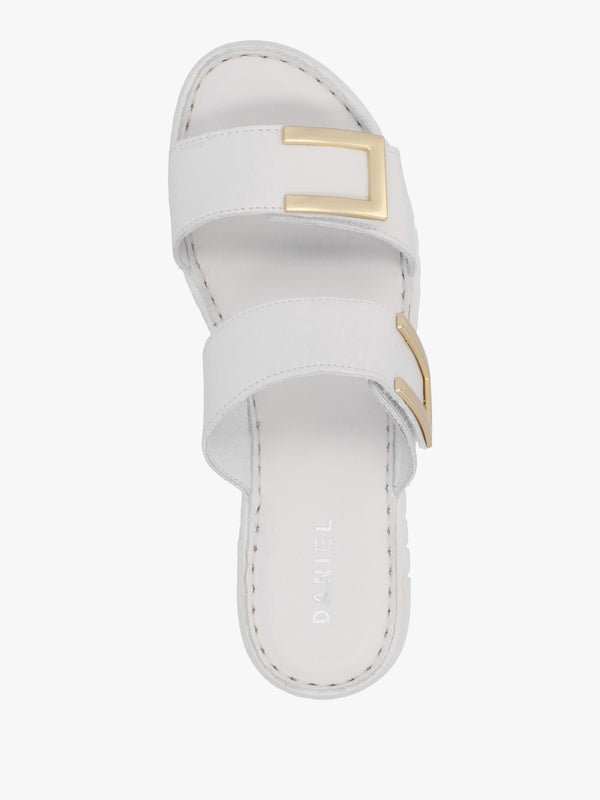 Lorli White Leather Two Strap Low Wedge Sandals