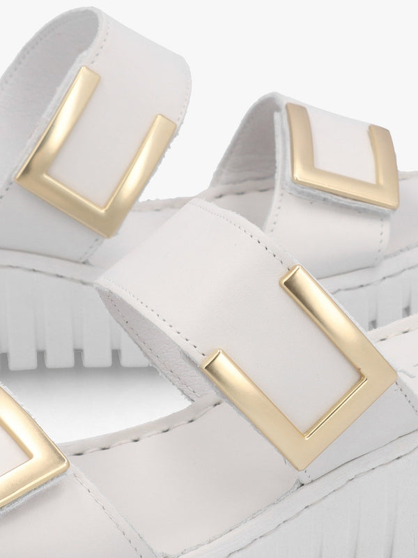 Lorli White Leather Two Strap Low Wedge Sandals