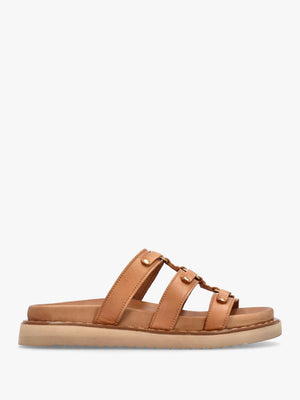Ilene Tan Leather Three Bar Chunky Mules