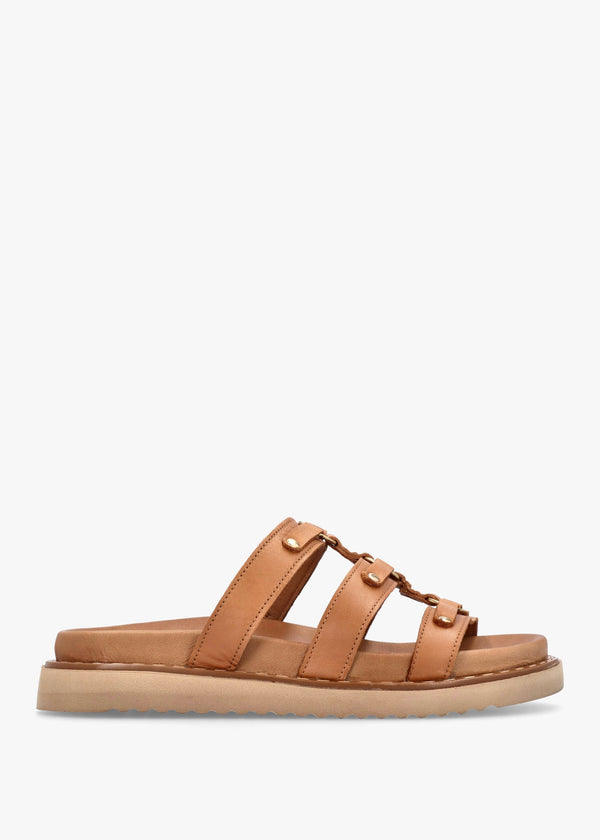 Ilene Tan Leather Three Bar Chunky Mules