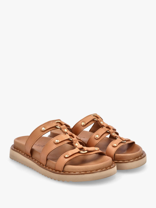 Ilene Tan Leather Three Bar Chunky Mules