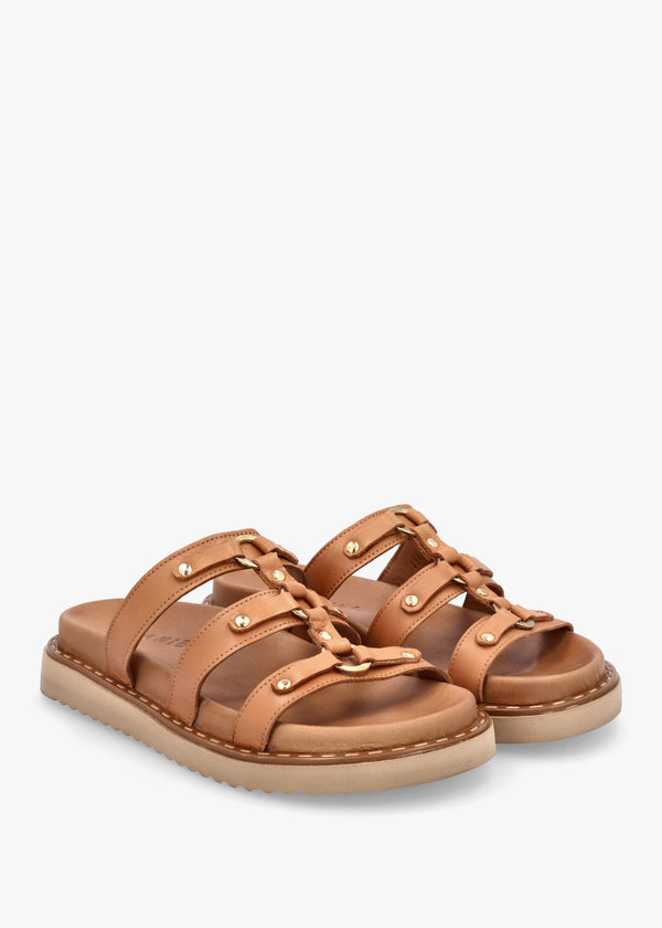 Ilene Tan Leather Three Bar Chunky Mules