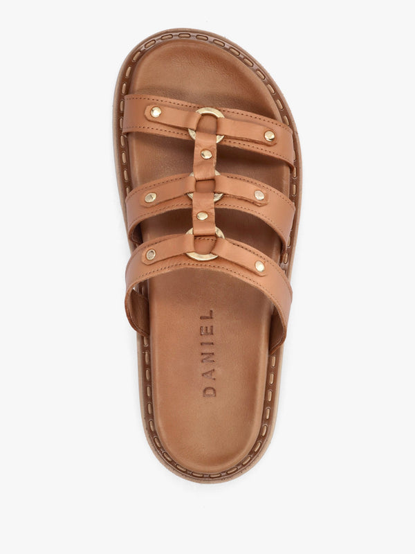 Ilene Tan Leather Three Bar Chunky Mules