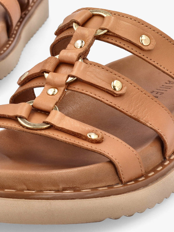 Ilene Tan Leather Three Bar Chunky Mules