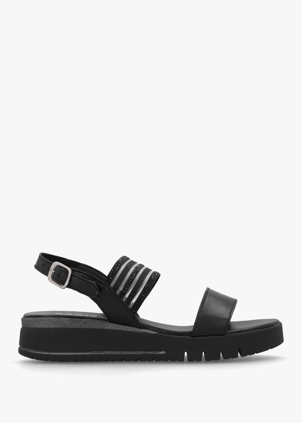 Lozette Black Leather Low Wedge Sandals