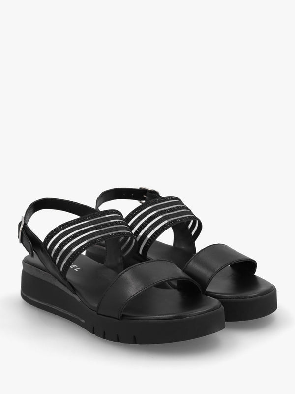 Lozette Black Leather Low Wedge Sandals