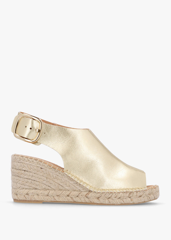 Kathie Gold Leather Peep Toe Sling Back Wedge Espadrilles