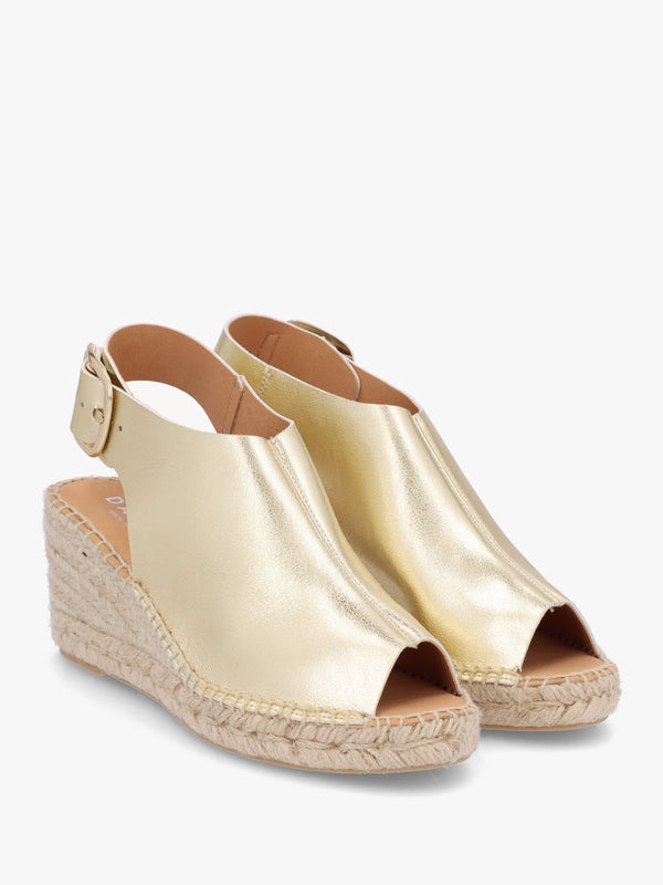Kathie Gold Leather Peep Toe Sling Back Wedge Espadrilles