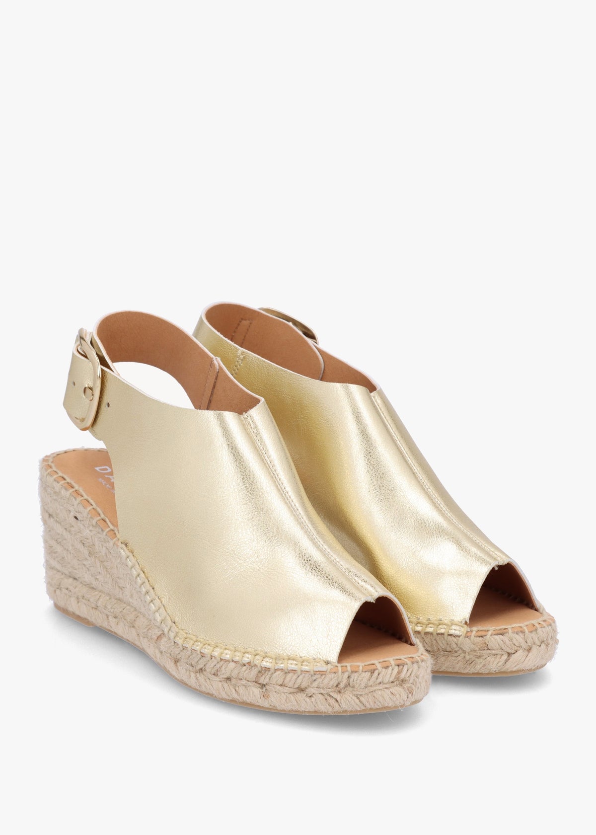 Kathie Gold Leather Peep Toe Sling Back Wedge Espadrilles