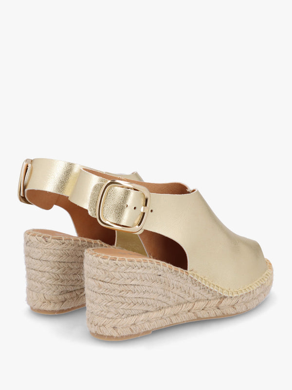 Kathie Gold Leather Peep Toe Sling Back Wedge Espadrilles