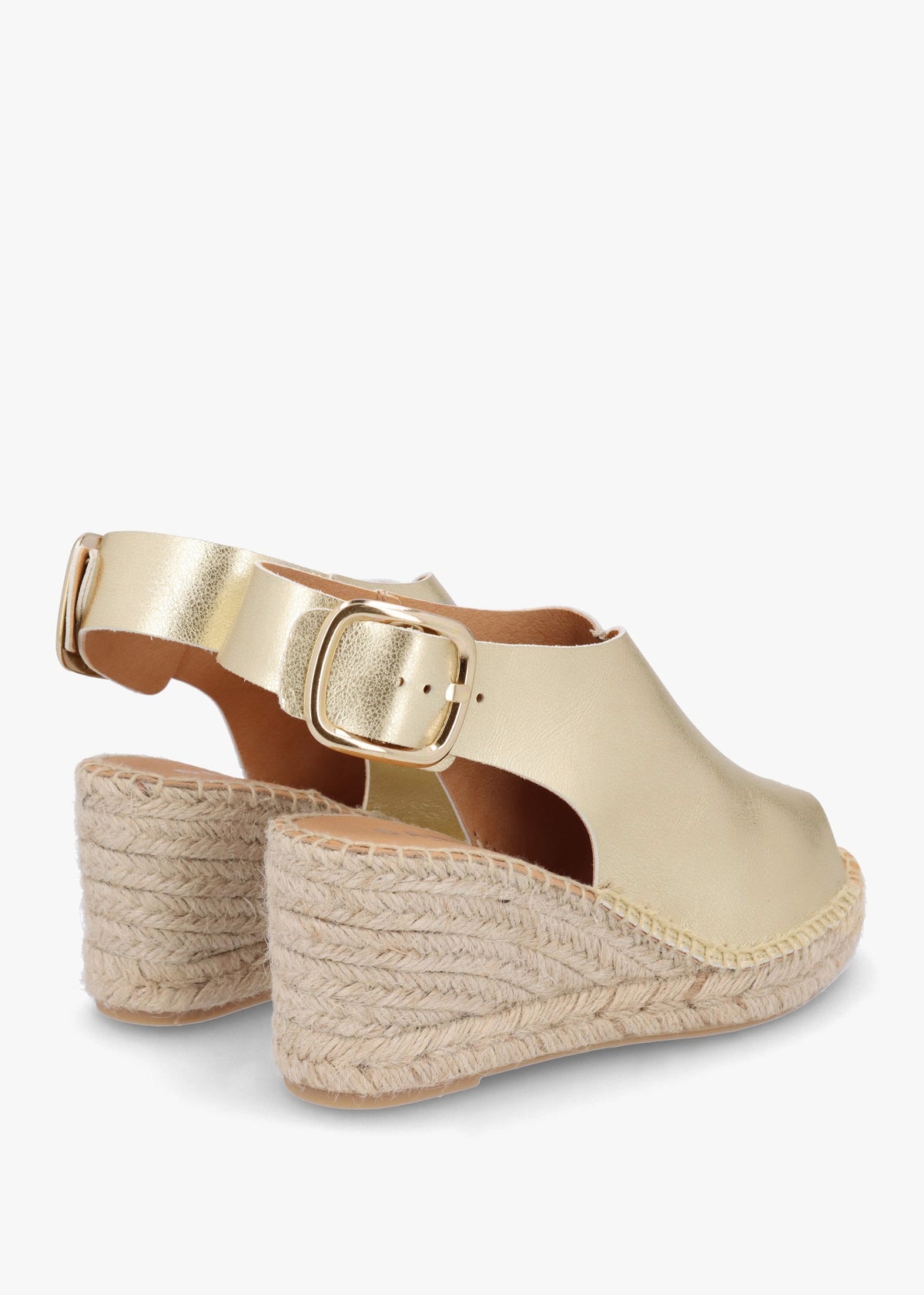 Kathie Gold Leather Peep Toe Sling Back Wedge Espadrilles