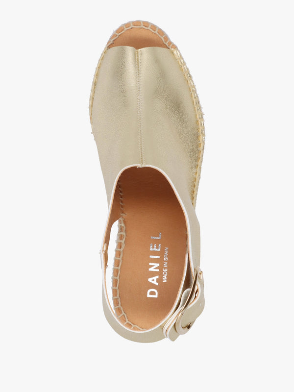 Kathie Gold Leather Peep Toe Sling Back Wedge Espadrilles