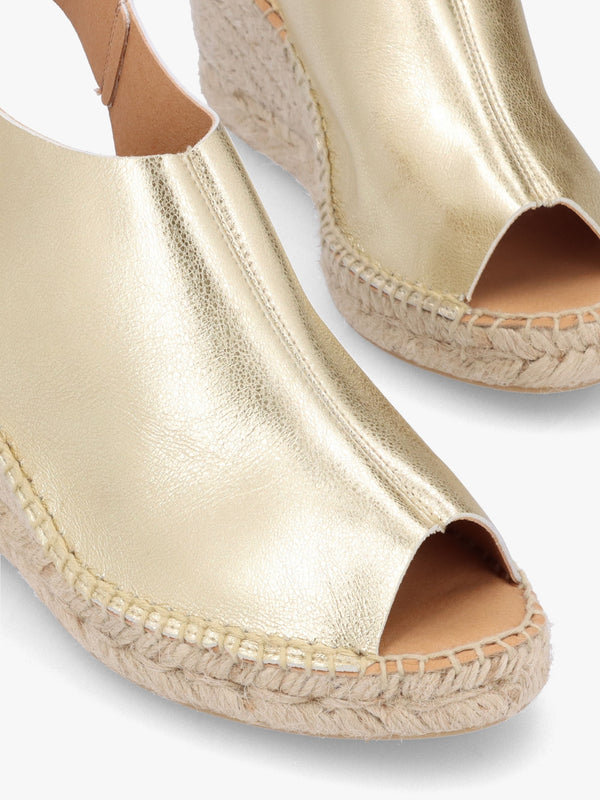 Kathie Gold Leather Peep Toe Sling Back Wedge Espadrilles