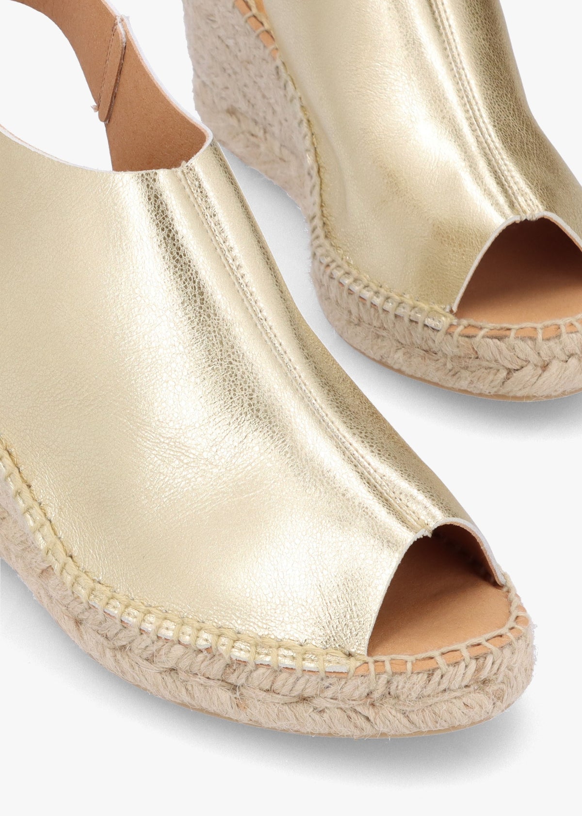 Kathie Gold Leather Peep Toe Sling Back Wedge Espadrilles
