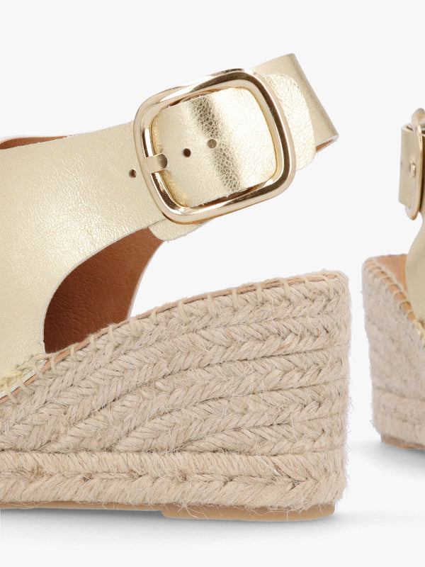Kathie Gold Leather Peep Toe Sling Back Wedge Espadrilles