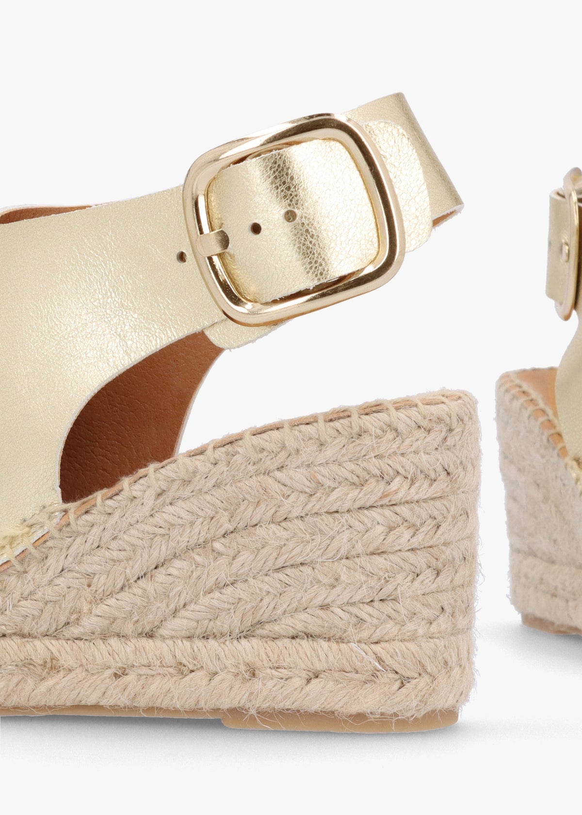 Kathie Gold Leather Peep Toe Sling Back Wedge Espadrilles