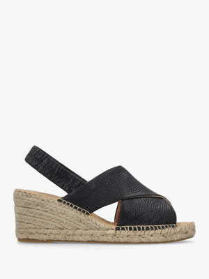 Jossy Black Leather Cross Strap Sling Back Wedge Espadrilles