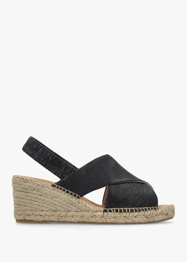 Jossy Black Leather Cross Strap Sling Back Wedge Espadrilles