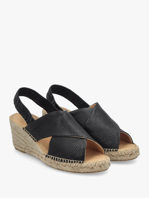 Jossy Black Leather Cross Strap Sling Back Wedge Espadrilles