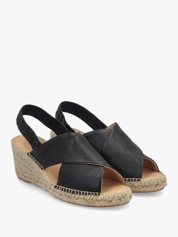 Jossy Black Leather Cross Strap Sling Back Wedge Espadrilles