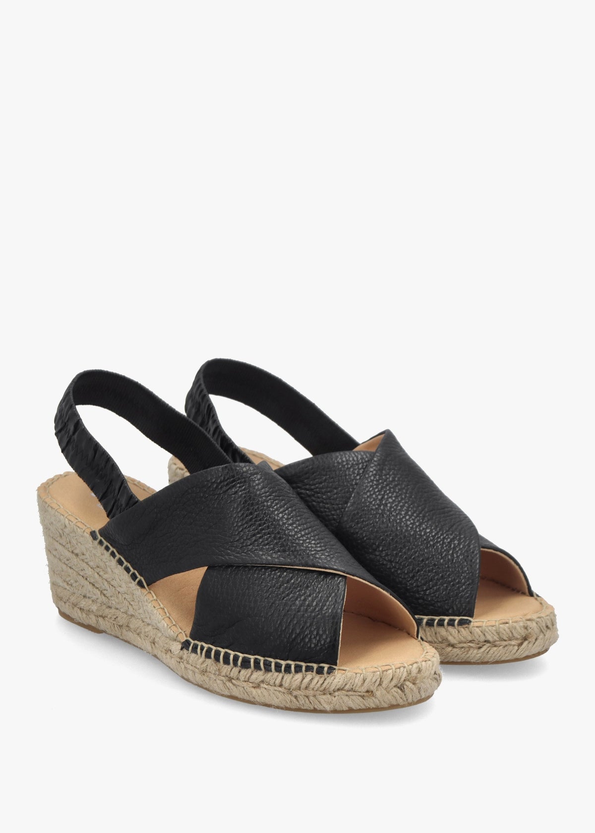 Jossy Black Leather Cross Strap Sling Back Wedge Espadrilles