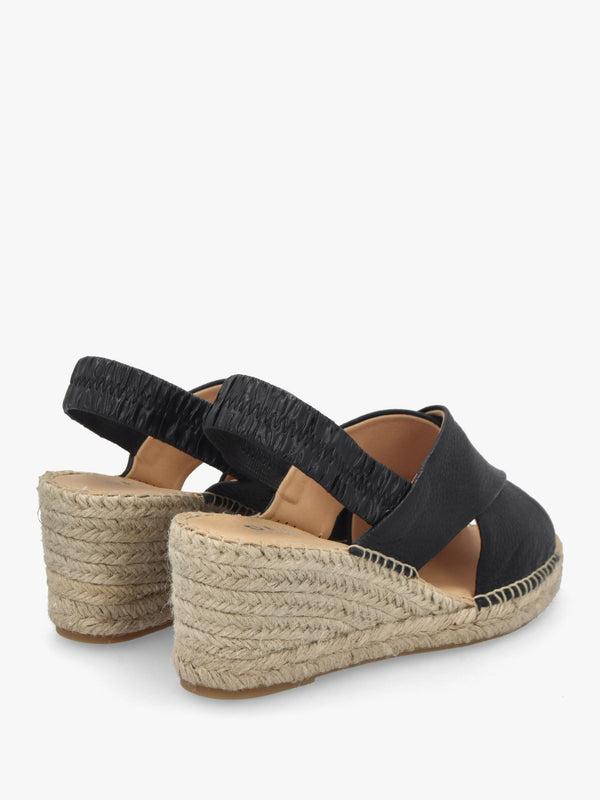 Jossy Black Leather Cross Strap Sling Back Wedge Espadrilles
