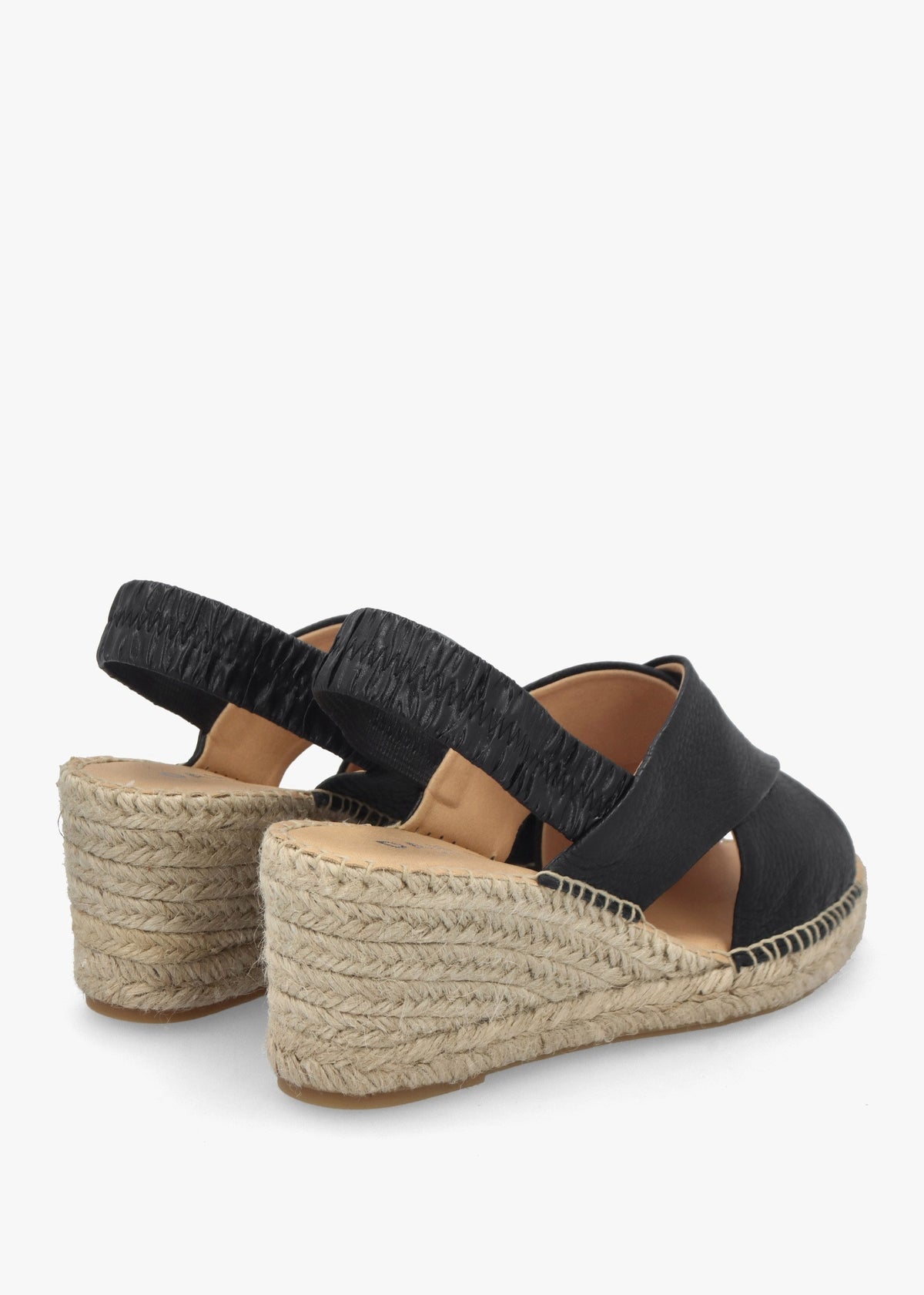 Jossy Black Leather Cross Strap Sling Back Wedge Espadrilles