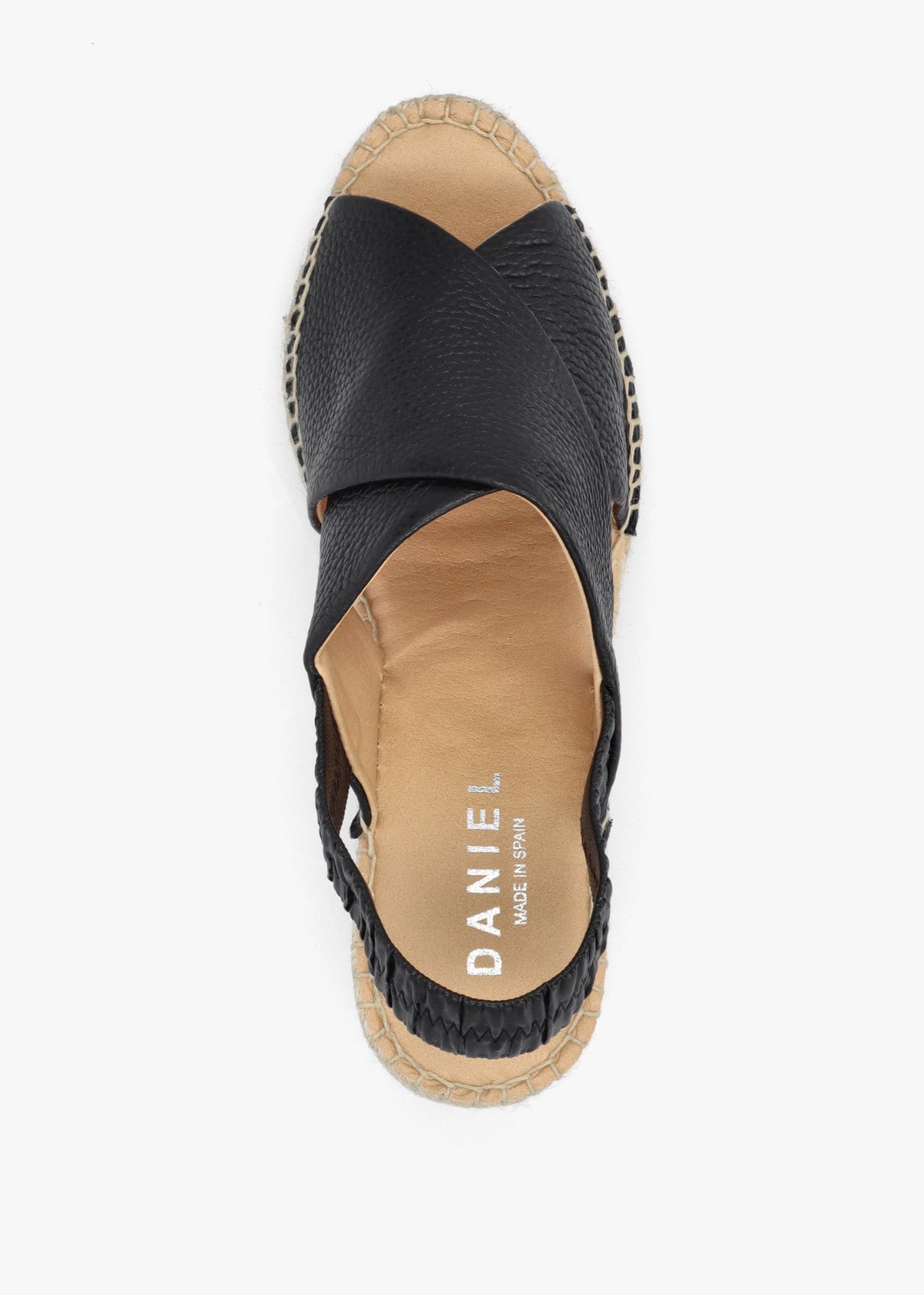 Jossy Black Leather Cross Strap Sling Back Wedge Espadrilles