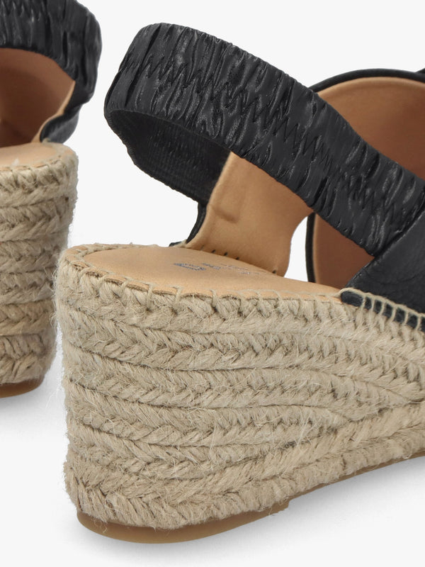 Jossy Black Leather Cross Strap Sling Back Wedge Espadrilles
