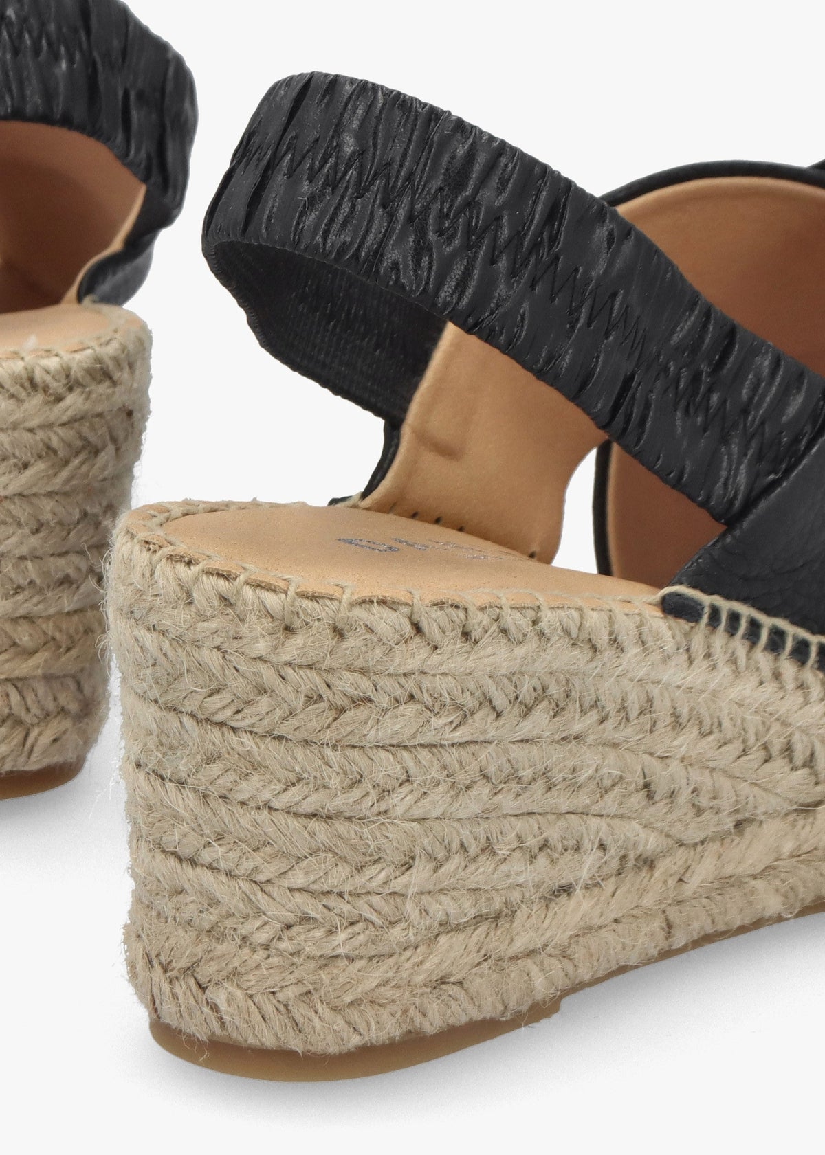 Jossy Black Leather Cross Strap Sling Back Wedge Espadrilles