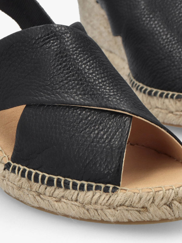 Jossy Black Leather Cross Strap Sling Back Wedge Espadrilles