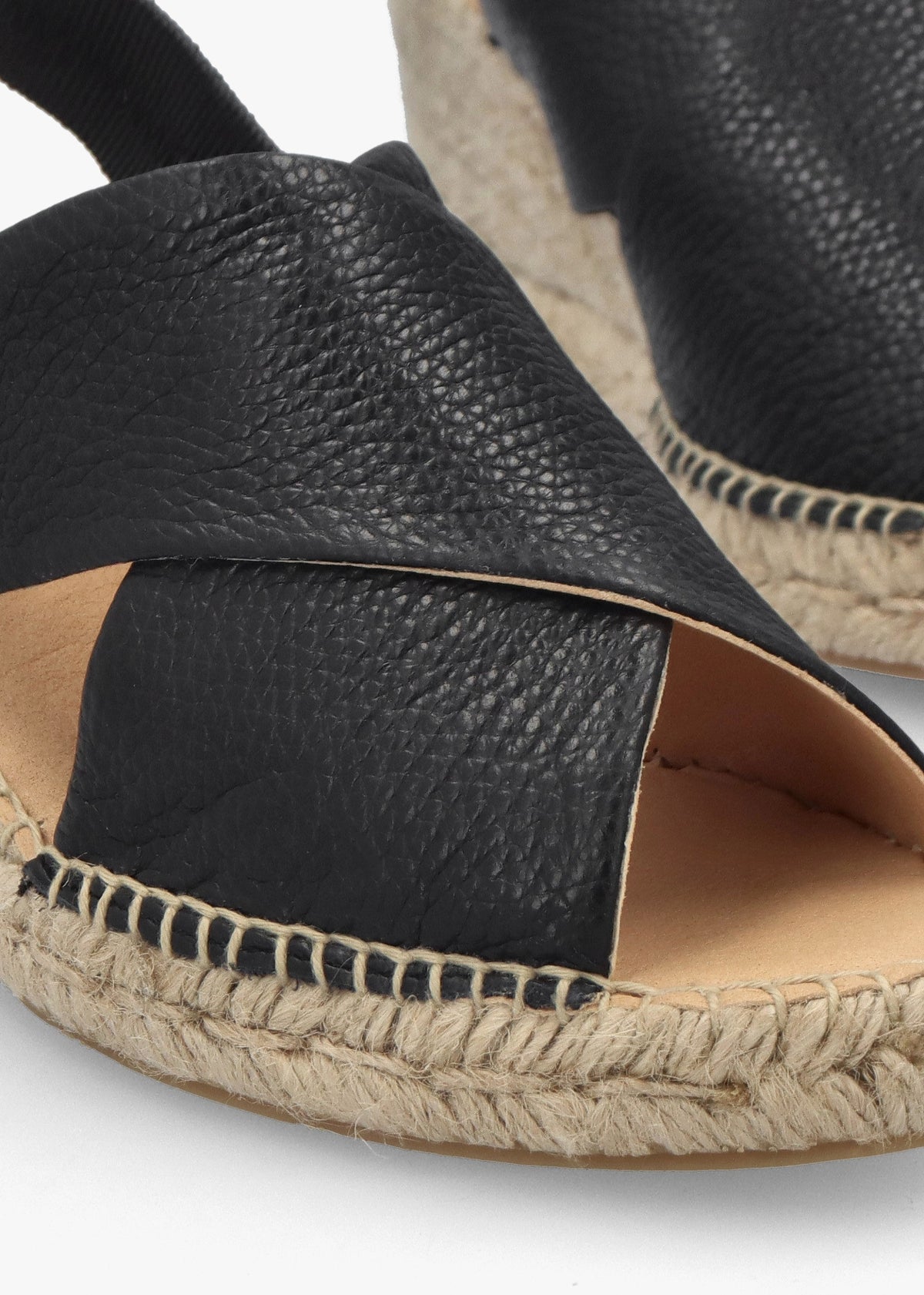 Jossy Black Leather Cross Strap Sling Back Wedge Espadrilles