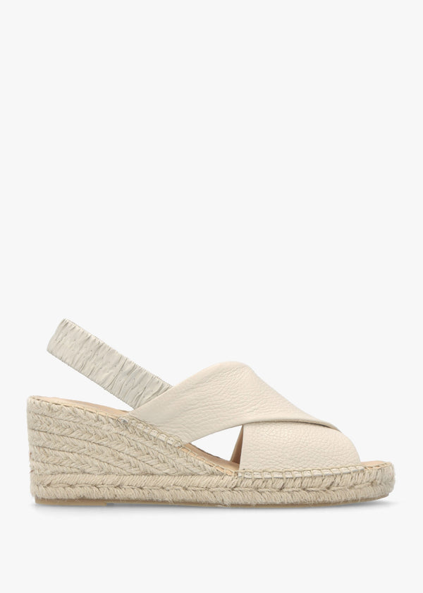 Jossy Cream Leather Cross Strap Sling Back Wedge Espadrilles