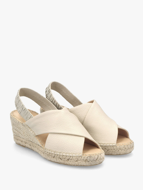 Jossy Cream Leather Cross Strap Sling Back Wedge Espadrilles
