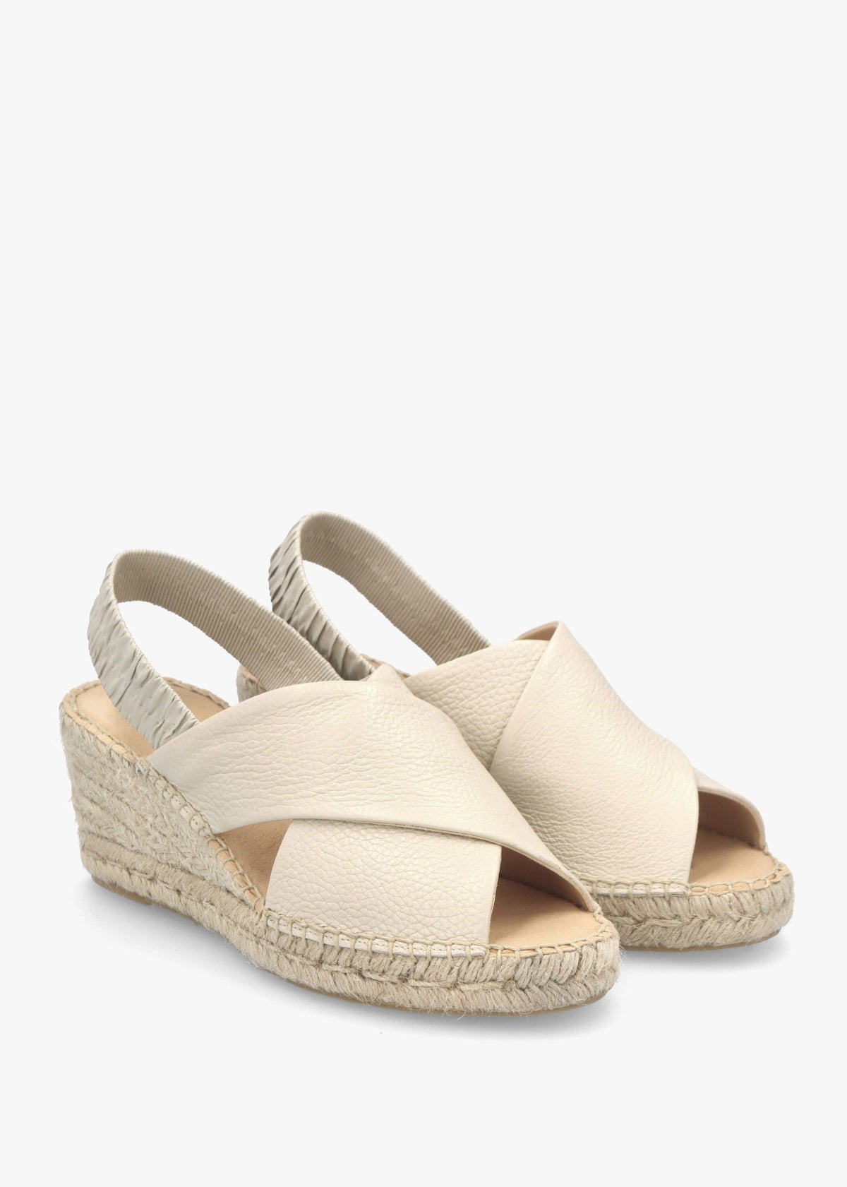 Jossy Cream Leather Cross Strap Sling Back Wedge Espadrilles