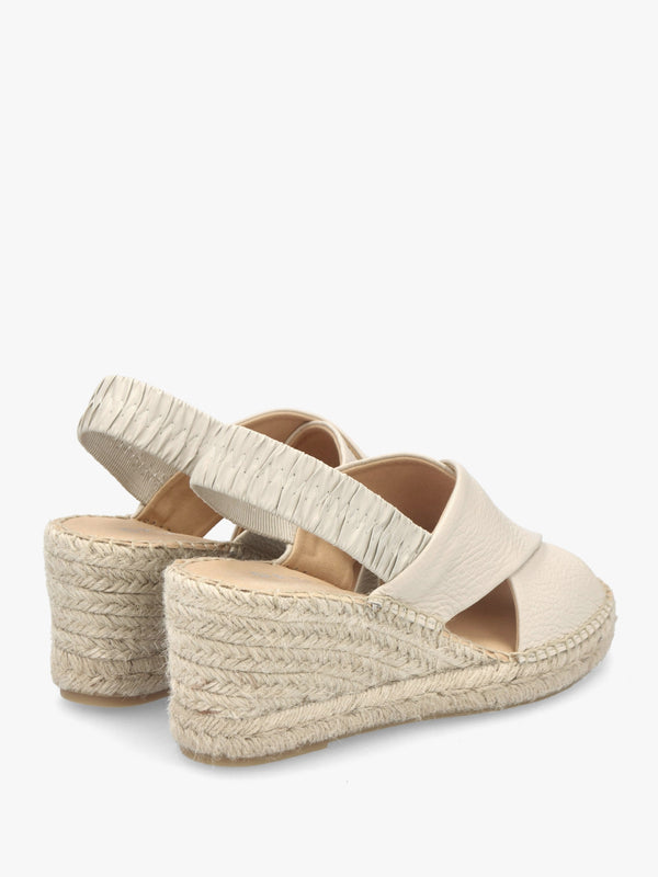 Jossy Cream Leather Cross Strap Sling Back Wedge Espadrilles