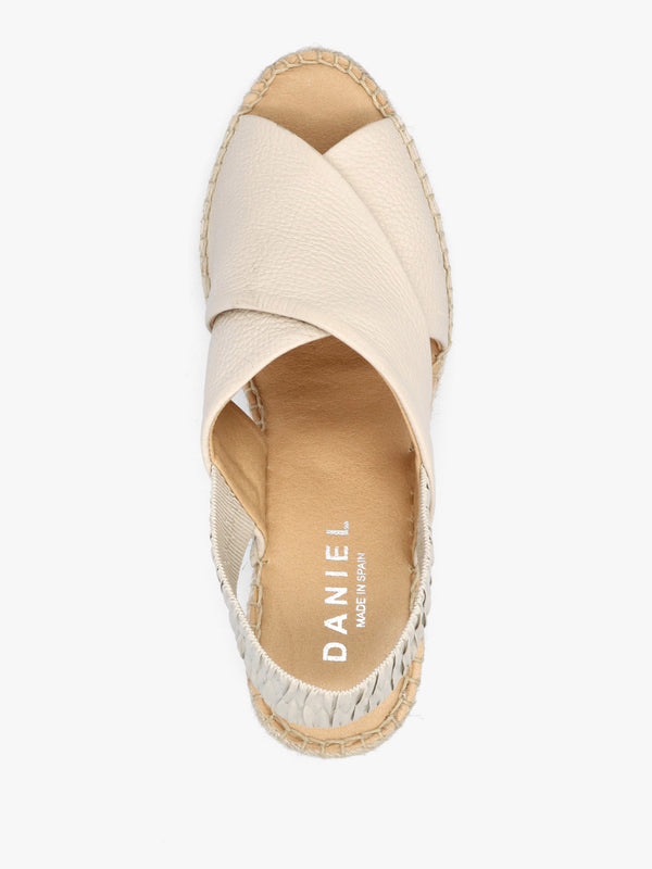 Jossy Cream Leather Cross Strap Sling Back Wedge Espadrilles