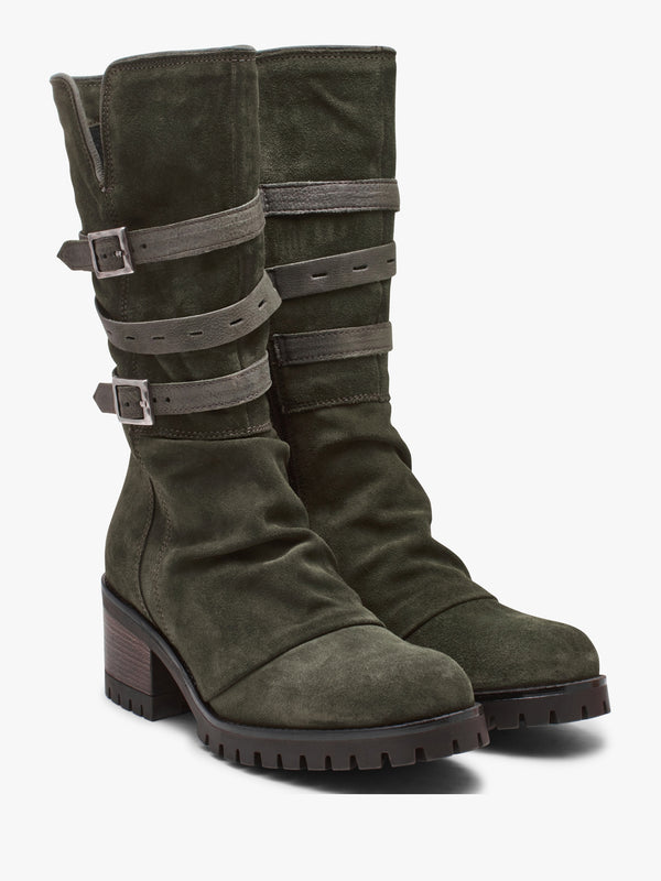 Brendie Khaki Suede Block Heel Calf Boots