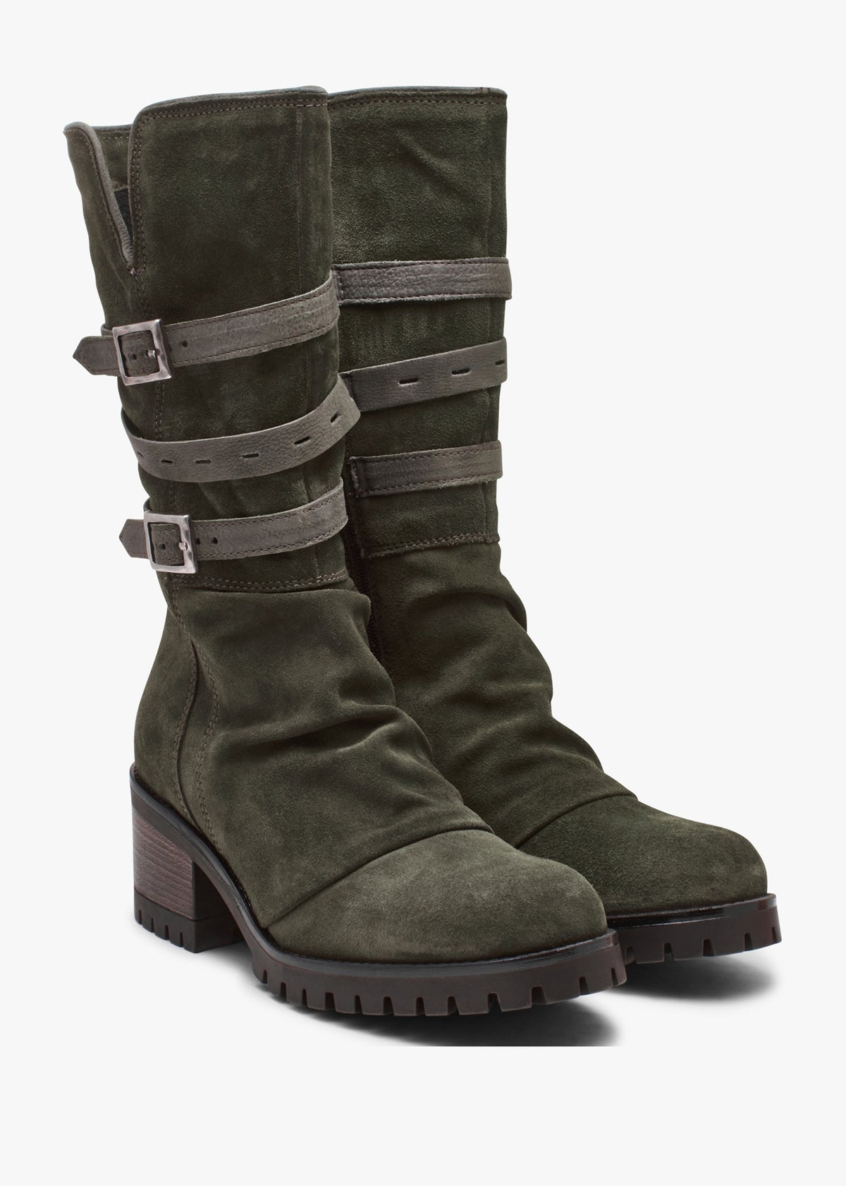 Brendie Khaki Suede Block Heel Calf Boots