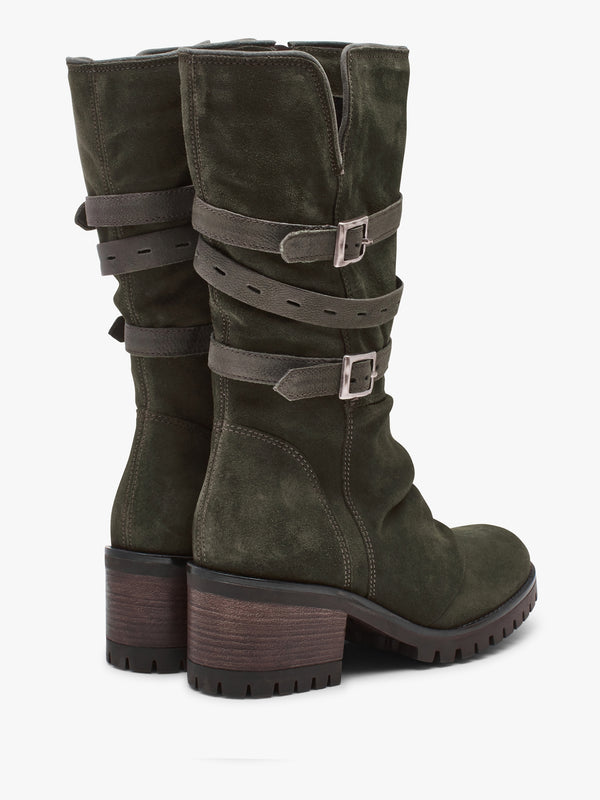 Brendie Khaki Suede Block Heel Calf Boots