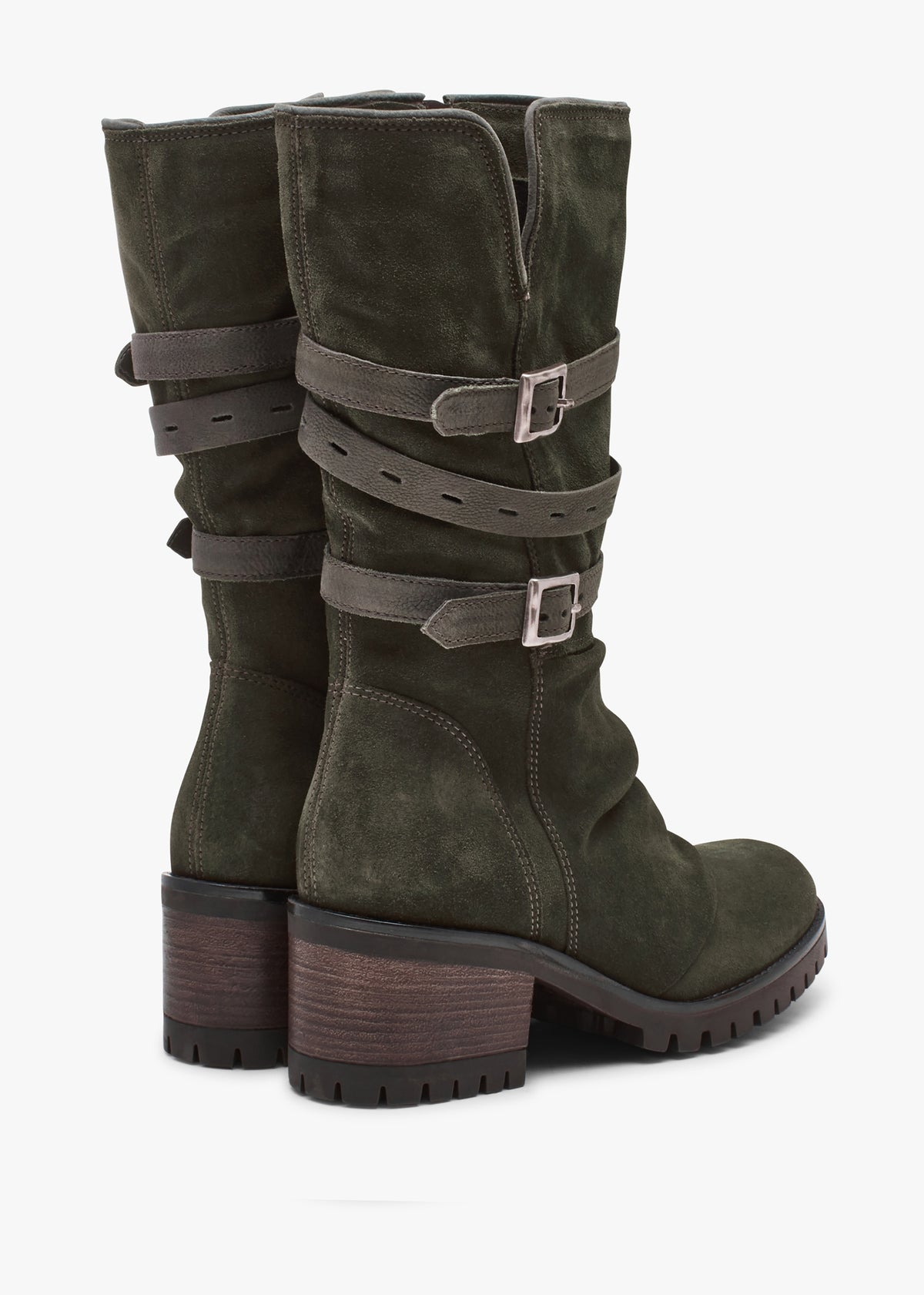 Brendie Khaki Suede Block Heel Calf Boots