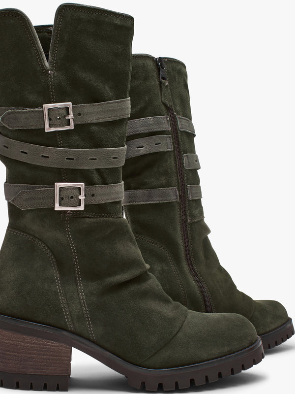 Brendie Khaki Suede Block Heel Calf Boots