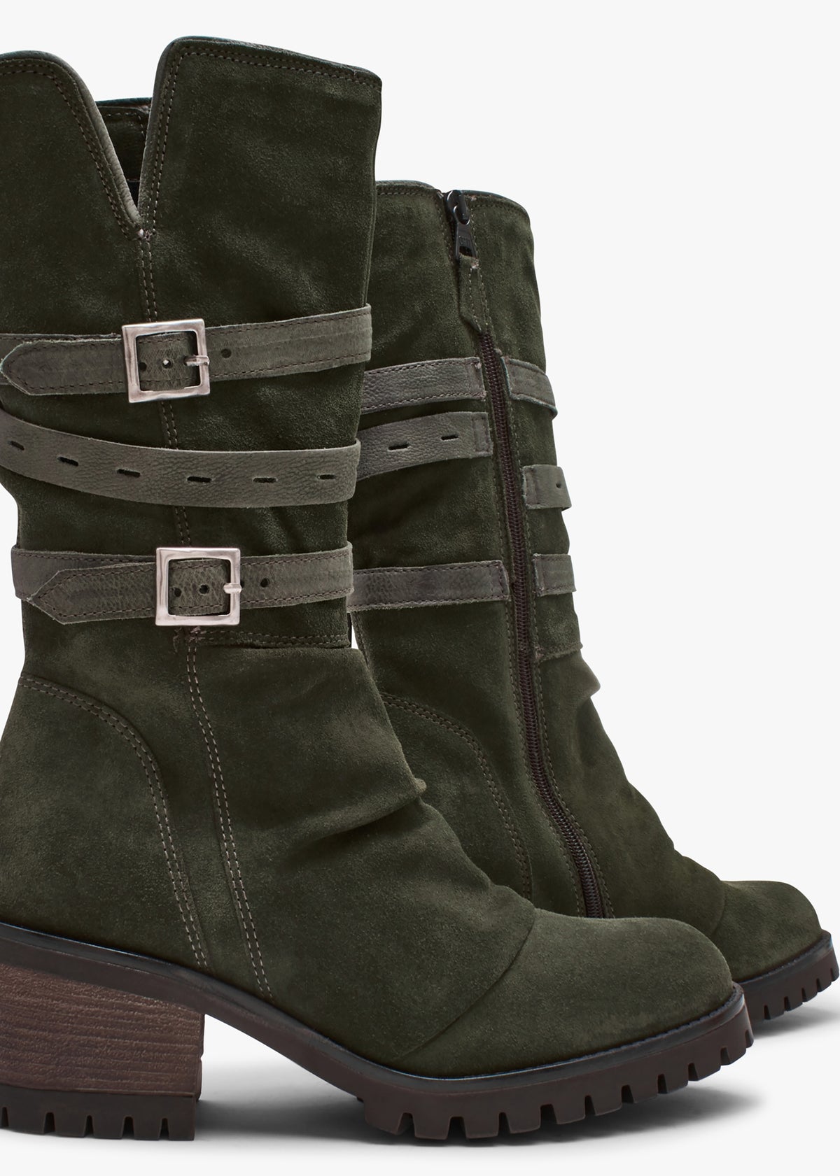 Brendie Khaki Suede Block Heel Calf Boots